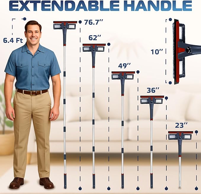 DSV Standard Window Squeegee with 2 Spray Triggers, Window Cleaning Kit with Extendable Pole 23’’- 76.7’’, Rubber Scraper and 3X Microfiber Clothes for 2 Story Houses, Shower, Glass, Mirror