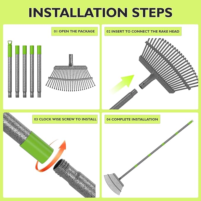 GARDENWORK Garden Leaf Rake,73" Long Handle Rake for Leaves,18" Wide Metal Garden Rakes with 25 Reinforced Tines and Adjustable Handle for Lawn,Shrub,Grass,Flower Beds