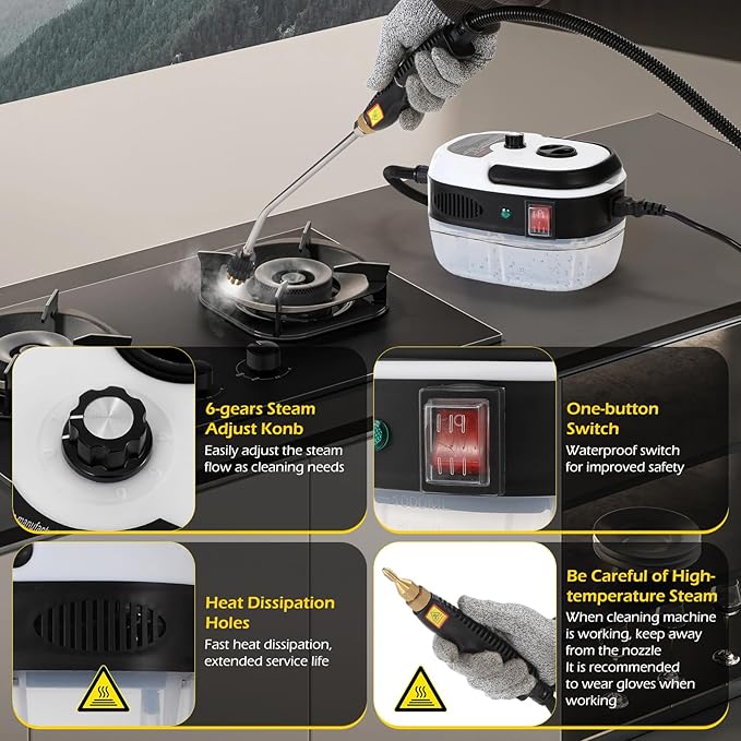 Dyna-Living Steam Cleaner 2500W Car Steamer for Auto Detailing Handheld Steamer Cleaner for Home, High Pressure Steam Cleaner with 1L Water Tank Portable Steamer for Cleaning Kitchen Hood Use