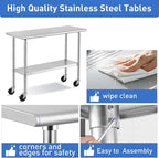 ROCKPOINT Stainless Steel Table for Prep & Work with Caster Wheels 18x72 Inches, NSF Metal Commercial Kitchen Heavy Duty Table with Adjustable Under Shelf and Table Foot for Restaurant, Home and Hotel