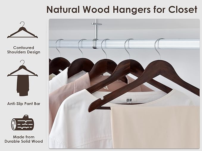 StorageWorks Wooden Hangers 20 Pack, Wood Coat Hangers for Closet, Heavy Duty Clothes Hangers for Suits, Shirts, Pants, Jackets, Walnut Color