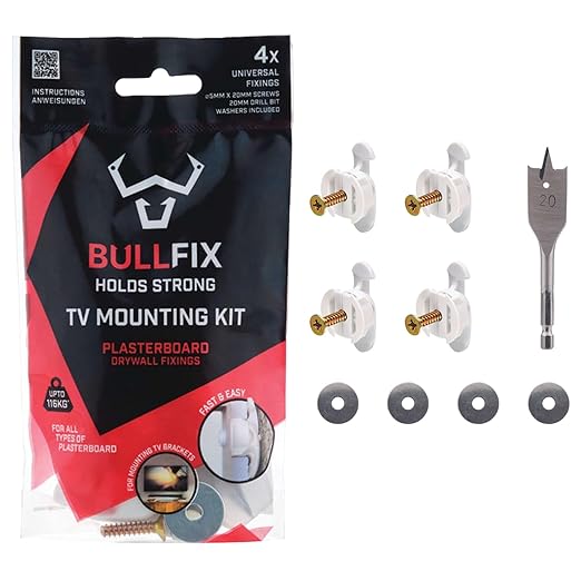 Bullfix TV Kit - Drywall Anchors for TV Bracket, Screws for Mounting to Drywall & Drill Bit, Hollow Wall Mount Hardware Kits, Heavy Duty Fixings for Televisions, Holds up to 255lbs - Patented Design