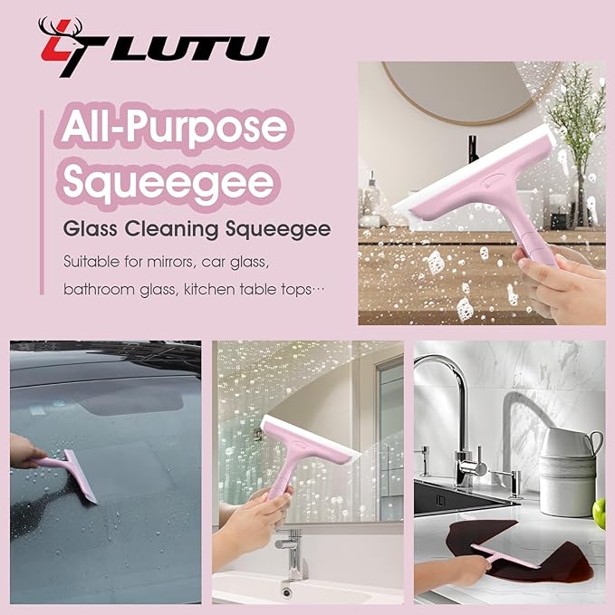 Shower Squeegee for Glass Doors, Bathroom Squeegee for Shower, Mini Window Squeegee, Home Bathroom Silicone Cleaner Tool, Suitable for Bathroom, Kitchen, Tile, Mirror, Car Glass, 8in Rose Pink