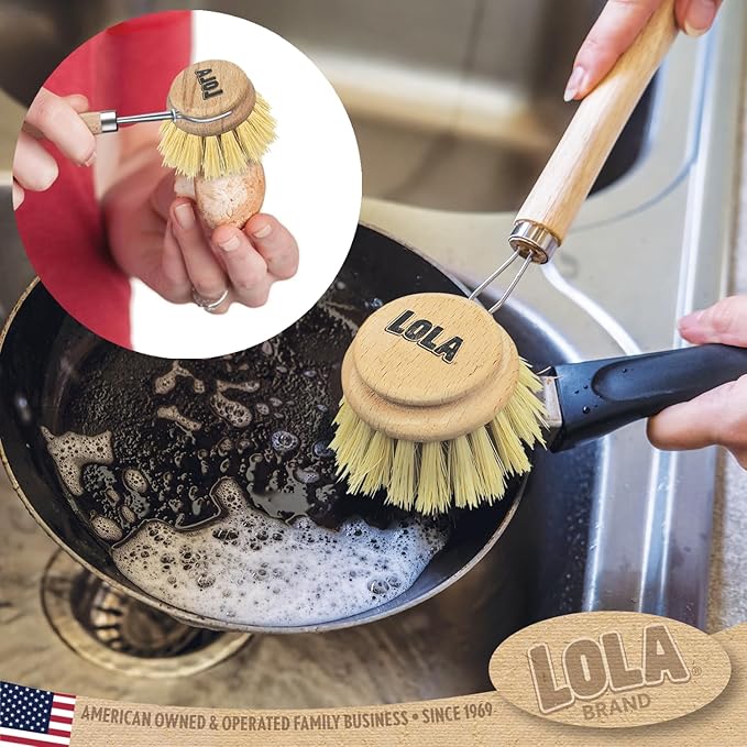 Lola Products - The Original - Tampico Vegetable & Dish Wood Brush, 3" Head, Sustainable, Tampico Bristles, Easy Head Only Replacement, 1 Pack
