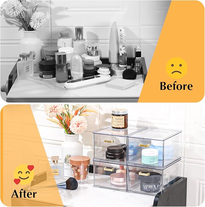 4 Pack Clear Stackable Storage Drawers, 8" Tall Bathroom Makeup Organizer with Handle, Plastic Organizer Bins Easy Assembly for Home, Kitchen, Pantry, Cabinet Under Sink Organization