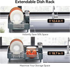 Urackify Stainless Steel Dish Drying Rack - Dish Drainer for Kitchen Counter, Extendable Drainboard with Foldable, Space-Saving Cup & Bowl Organizer, Includes Knife and Utensil Holder, Matte-Green