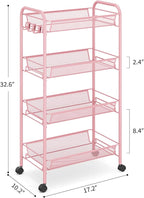 TOOLF 4 Tier Rolling Utility Cart - Durable Metal Design Pink Utility Cart, Storage Trolley on Wheels with 3 Hooks, Perfect for Kitchen, Bathroom & Laundry Room Organization