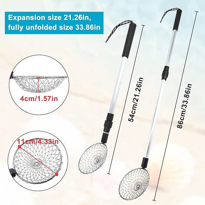 3 Pack Sand Sifter Tools - Beach Scoop for Beachcombing Shell Shark Tooth Sifter Collect Seashell Hunting Rocks Sifting, 32.6” Long Adjustable Telescoping Shovel with 4.1” Sieve Basket