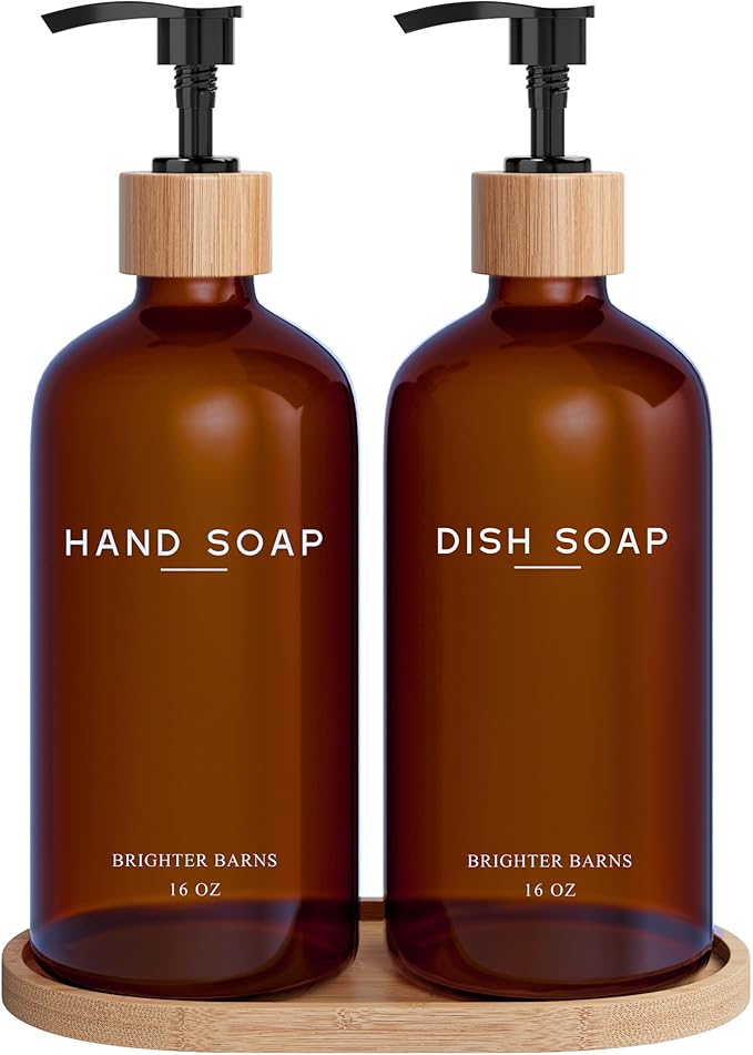 Amber Glass Hand and Dish Soap Dispenser Set by Brighter Barns - Kitchen Soap Dispenser Set with Tray - Bamboo Pump Bottles for Kitchen Sink - Modern Home Decor, Neutral Decor for Airbnb, Gift (Amber)
