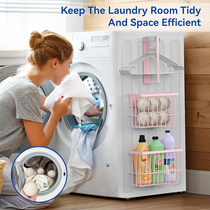 Magnetic Dryer Ball Holder and Magnetic Hanger Holder for Laundry Room Organization and Storage, Magnetic Lint Bin for Laundry Room, Iron Basket Dryer Ball Container for Laundry Room Storage (Pink)