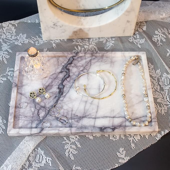 Real Luxurious Vanity Tray Natural Genuine Marble Storage Tray for Home Decor Stone Tray for Bathroom/Kitchen/Vanity/Dresser Non-Resin/Non-Ceramic(Lilac)