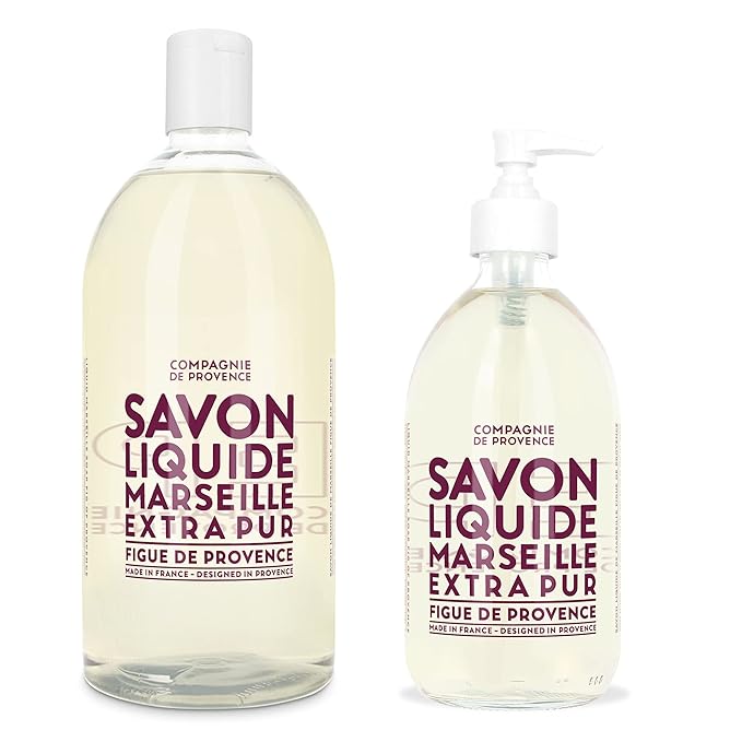 Compagnie de Provence Savon de Marseille Extra Pure Liquid Soap - Fig of Provence - 16.7 Fl Oz Glass Pump Bottle and 33.8 Fl Oz Plastic Bottle Refill