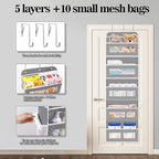 Over The Door Organizer, 5 Shelves Closet Door Hanging Organizer with 10 Mesh Pockets, Nursery Closet Organizer, Baby Essentials, Dorm Room Essentials for Girls
