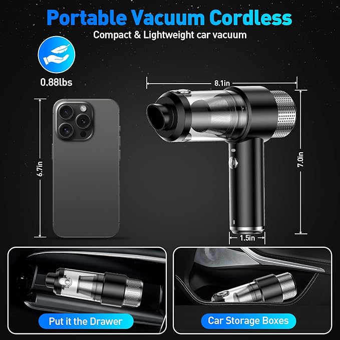 Mini Vacuum Cleaner, 16000PA Car Vacuum Cleaner Portable Cordless with LED Light, 4 in 1 Air Duster and Handheld Small Vacuum Rechargeable for Car, Home, Office, Pet（Black）