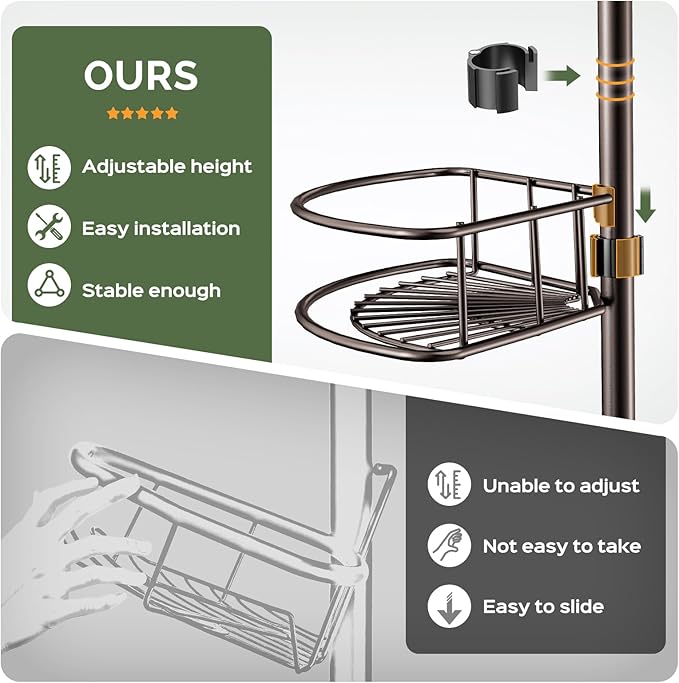 HAMITOR Corner Shower Caddy Tension Pole: 4-Tier Rust-Resistant Adjustable Bathroom Organizer Shelves - 47-121 Inch No-Drill Quick Installation - Space-Saving Storage for Renters Families - Bronze