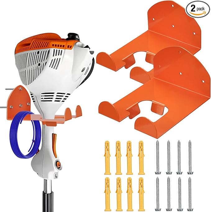 Upgraded Heavy Duty Trimmer Rack 2 Pack - Wall Mounted Garage Organizer, Power Tool Hanger for Weed Eater, Grass Trimmer, Hedge Trimmer, Leaf Blower, Chainsaw & Garden Tools Storage