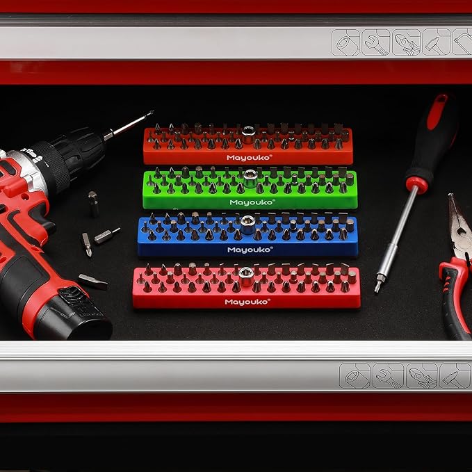 Mayouko 4PCS 1/4" Magnetic Hex Bit Holder Rack Organizer, 172 Holes, 1/4-Inch Drill Bit Holder, 4 Racks, Magnetic Bit Holder with Magnet Base for Screwdriver Bits