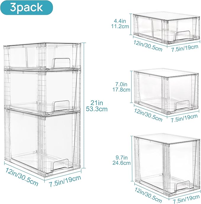 Vtopmart 3 Pack Clear Stackable Storage Drawers,Easy to Assemble Bathroom Organizers and Storage with handles,Plastic Drawers for Kitchen Pantry,Cabinet,Under Sink Organization