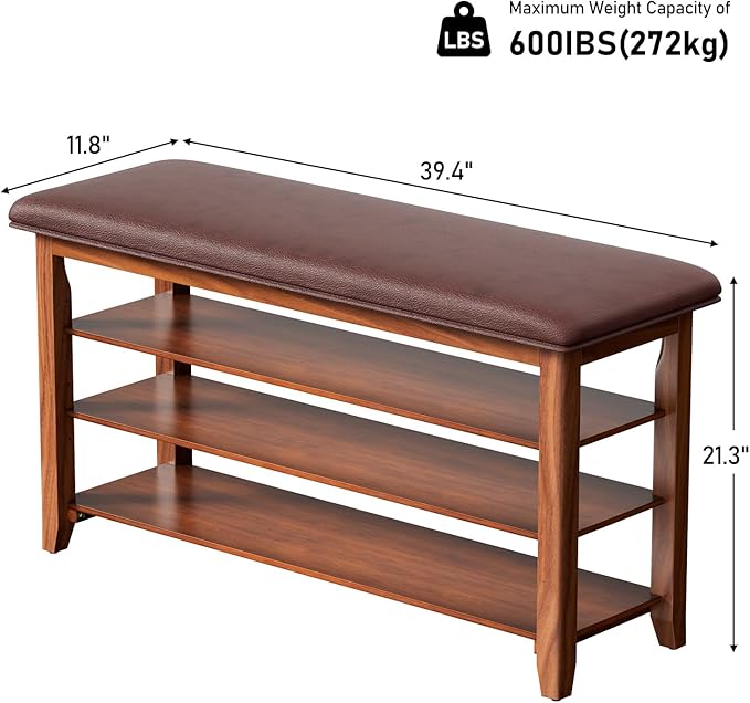 39.4“Entryway Shoe Storage Bench with Leather Cushion, Farmhouse Wooden Shoe Rack Bench with 3 Tire Under Bench Shoe Storage, Adjustable Shelf and Seating, for Hallway, Front door, Outdoor