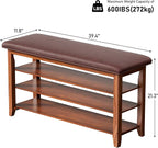 39.4“Entryway Shoe Storage Bench with Leather Cushion, Farmhouse Wooden Shoe Rack Bench with 3 Tire Under Bench Shoe Storage, Adjustable Shelf and Seating, for Hallway, Front door, Outdoor