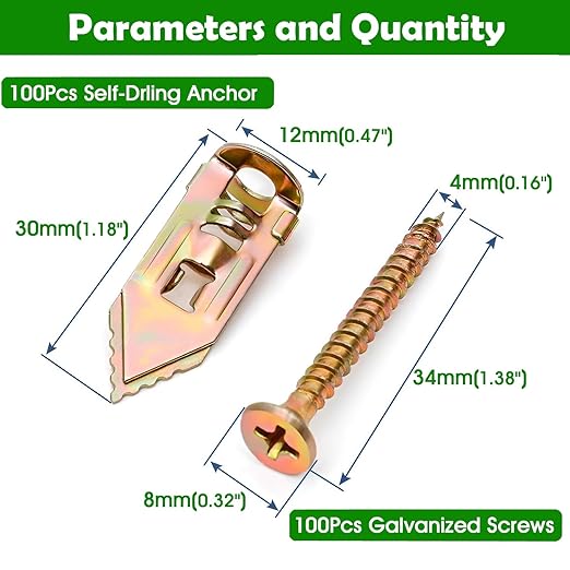 200Pcs Self-Drilling Drywall Anchors, 100Pcs Wall Anchors and 100 Pcs Cross Head Screws, Drywall Anchors and Screw kit, Heavy-Duty Metal Wall Anchors, No Drilling Required, Easy to Use