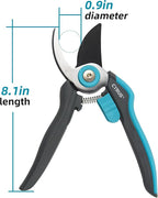 Pruning Shears for Gardening, 8” Stainless Steel Gardening Hand Pruner, Bypass Pruning Shears Steel Blades with Non-stick Coating Adjustable Up to 3/4" Cut Reinforced Plastic Handles