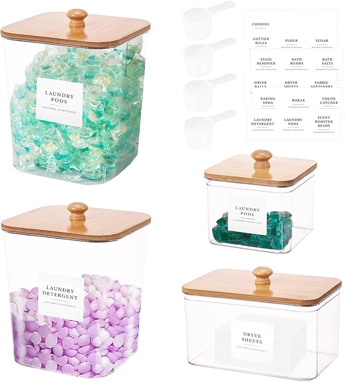 4 Pack Laundry Pods Container,Clear Dryer Sheet Holder & Laundry Room Organization and Storage with Lids, Scoops & Labels for Laundry Detergent, Powder, Dryer Balls, Beads (Clear)
