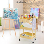 danpinera 3-Tier Rolling Cart, Metal Rolling Storage Cart with Lockable Wheels & Hanging Cups & Hooks, Mobile Trolley for Kitchen, Bathroom, Office, Workshop, Yellow