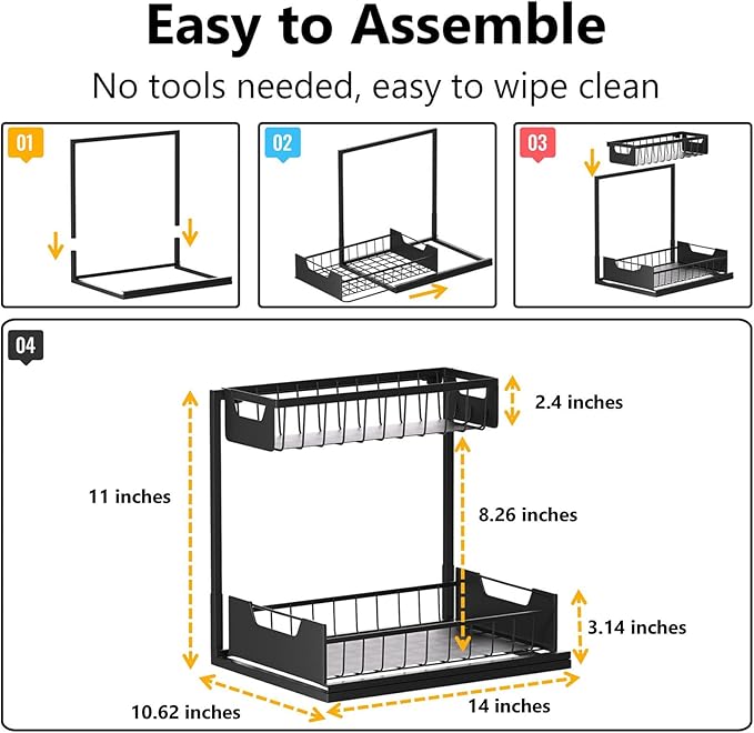 Under Kitchen Sink Organizers and Storage Pull Out 2 Tier Metal Bathroom Cabinet Organizer (Black, 2 Pack)