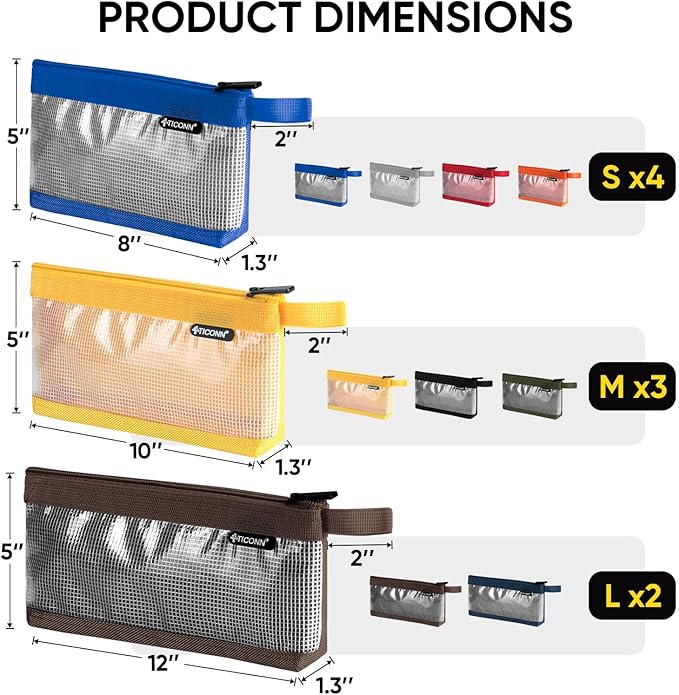 TICONN Tool Pouch, 1680D Oxford Small Tool Bag, Tool Pouches with Zipper, Clear Utility Bag Zipper Pouch for Tool Organizers and Storage (9PK Combo)
