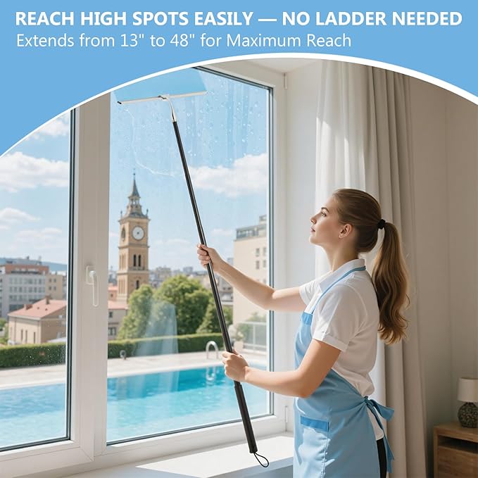 Squeegee for Shower Glass with Long Handle – Extends 13" to 48", Includes 2 Towel Sleeves, Replacement Silicone Blade & Hook, 14" Wide Blade for Glass, Mirrors, Windows & Tile Walls (Black)
