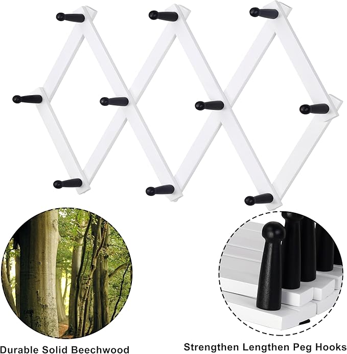 Dseap Accordian Wall Hanger: 16” High Wooden Wall Expandable Coat Rack, Hat Rack Holder, Accordion Hook for Baseball Caps, Coats, Mugs, 10 Peg Hooks, White
