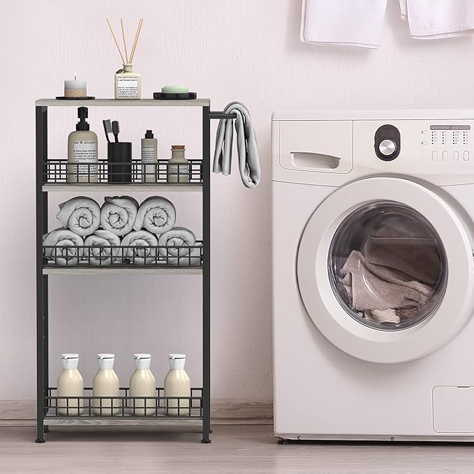 4 Tier Slim Storage Cart Narrow Laundry Cart on Wheels Utility Kitchen Rolling Cart with Wood Tabletop Mobile Shelving Unit Bathroom Storage Organizer Slide Out Rolling Tower for Narrow Spaces