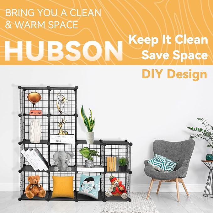 HUBSON Wire Cube Organizer, Book/Toy/Craft/Potted Plants and Pet Closet Organizers, 16-Cube Freely Combinable Metal Grids Storage Shelf, Black Plus Iron