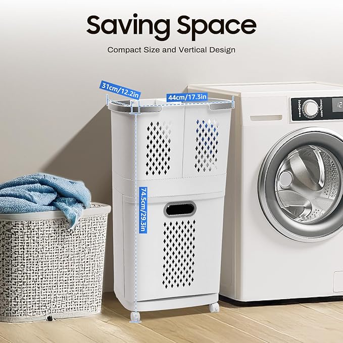 Household Storage Basket, 360° Rolling Movable Laundry Basket,Floor-Standing White Multi-layer Clothes Organizer for Kitchen,living Room and Bathroom (2 Tiers)