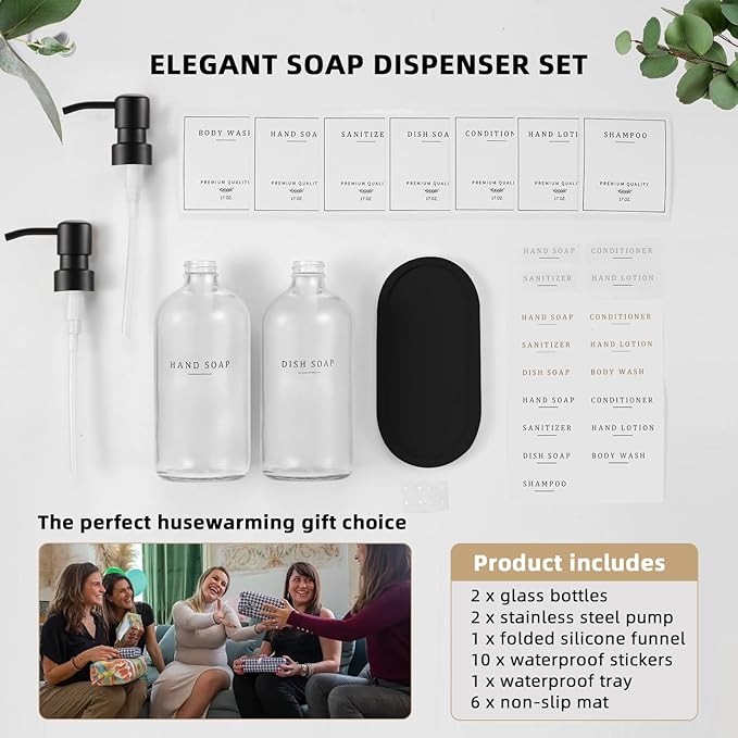 Glass Soap Dispenser - Dish Soap Dispenser for Kitchen, Hand Soap Dispenser Set, Bathroom Soap Dispenser with 304 Rust Proof Pump, Soap Dispenser for Kitchen with Tray, Clear Bottle/Black Pump