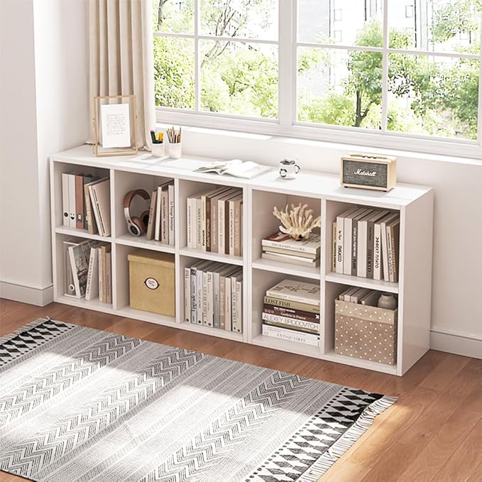 4 Cube Organizer Bookcase - Fabric Storage Bins Container, Open Shelf Simple Compartments Bookshelf, White