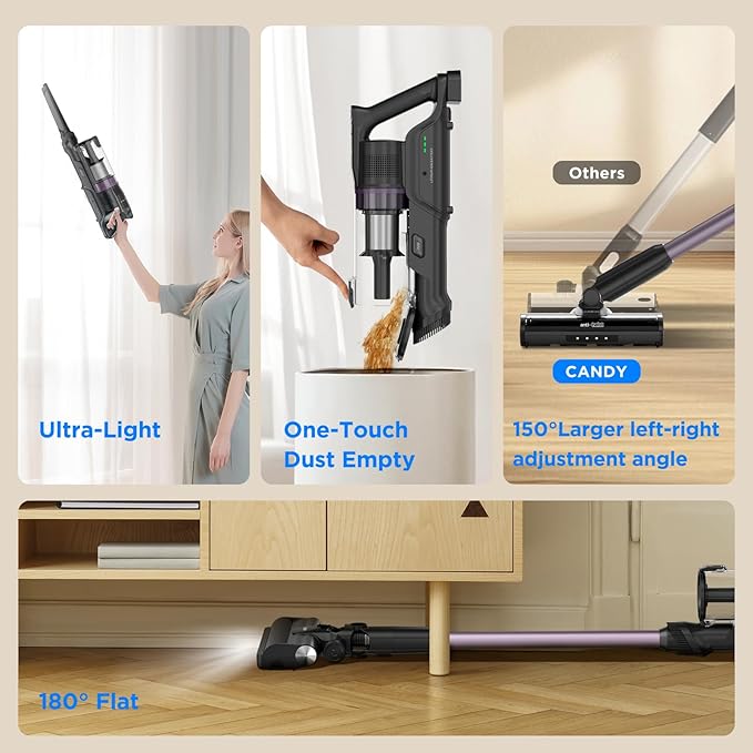 Cordless Vacuum Cleaner, Stick Vacuum Cordless Rechargeable,45Mins Powerful Suction Vacuum Cleaners for Home,Anti-Tangle,One-Click Dust Disposal,Lightweight for Hardwood Floor Carpet Pet Hair