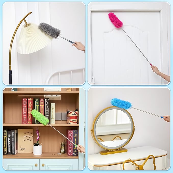 Tanlade 8 Pcs Microfiber Feather Duster for Cleaning 13-31 Inch Extendable Cobweb Dusters Ceiling Fan Duster Washable Bendable Tool for Office Car Window Furniture (Stylish Color)