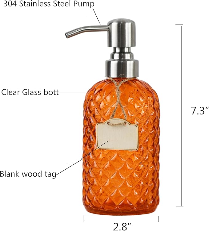 Bathroom & Kitchen Glass Hand and Dish Soap Dispenser with 304 Rustproof Stainless Steel Pump (Orange-2pack)