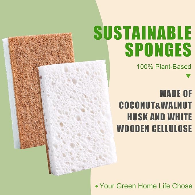 Biodegradable Natural Kitchen Sponge，Eco Friendly Sponges for Dishes,Compostable Cellulose Sponge with Natural Plant Based Coconut Walnut Sustainable Scrubber Sponge Pack of 12