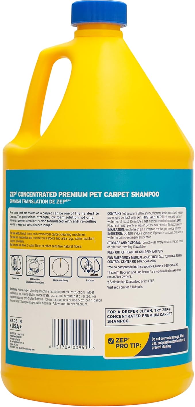 Zep Premium Pet Carpet Shampoo - 1 Gallon (Case of 2) ZUPPC128 - Concentrated Pro Formula Removes Tough Pet Stains and Odors