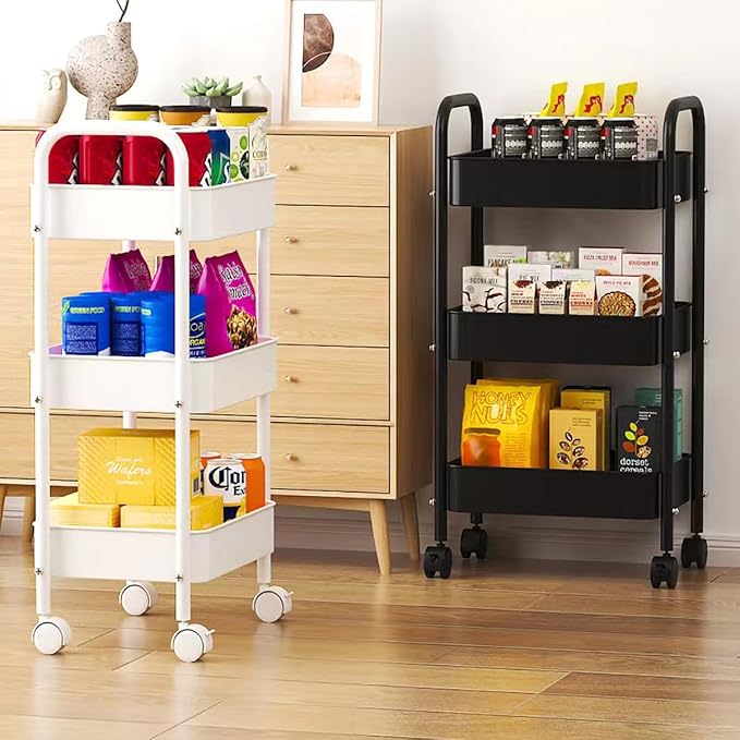 XIUSHE 3-Tier Metal Utility Cart Rolling Storage Organizer, Portable and Sturdy, with Wheels, Ideal for Office, Kitchen, Bathroom, Classroom, and More, Black