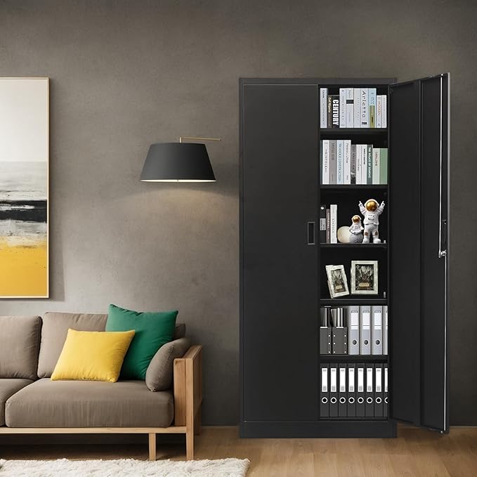 Metal Garage Storage Cabinets,71” Tall Metal File Cabinet with 5 Adjustable Shelves, Lockable Storage Cabinets for Office, Home, Garage, Warehouse 71" H x 31.5" W x 15.8" D (Black)