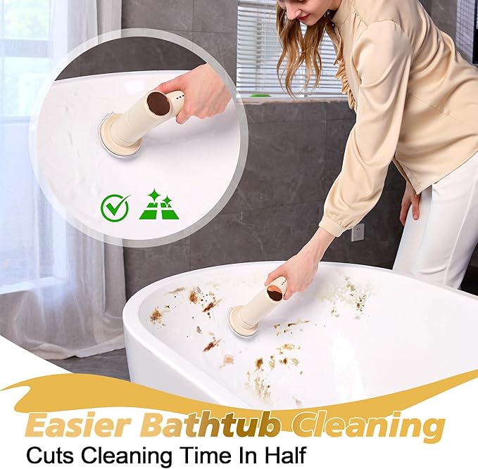 Electric Spin Scrubber, Battery 2.5H with Extra-Long Runtime, 10 Brush Heads, IPX7 Waterproof Power Shower Scrubber with Long Handle, 2 Speeds Cordless Cleaning Brush for Bathroom Bathtub