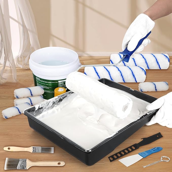Paint Roller Kit with Extension Pole, 27 Piece Set, 2 to 4 Ft Pole, 4"9" Paint Rollers, Paint Brushes Set for Professional Painting,House Paint Roller for All Latex and Oil Paints & Stains