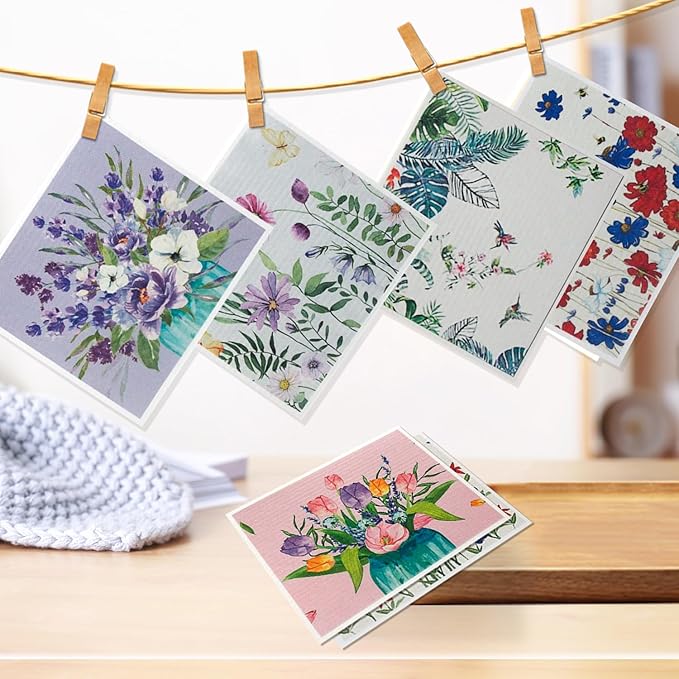 Swedish Kitchen Dish Cloths - 6 Pack Reusable Paper Towels for Counters & Dishes - Eco Friendly Cellulose Sponge Cloth - Assorted (Flower)