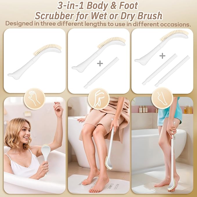New Foot Brush & Foot File Set(2PCS), 3-IN-1 Foot Scrubber in Shower, 10.2’’-27.5’’Adjustable Long Handle Foot Scrub Brush and Upgrade Foot File Callus Remover, Gift-Box Packed(White+Foot File)