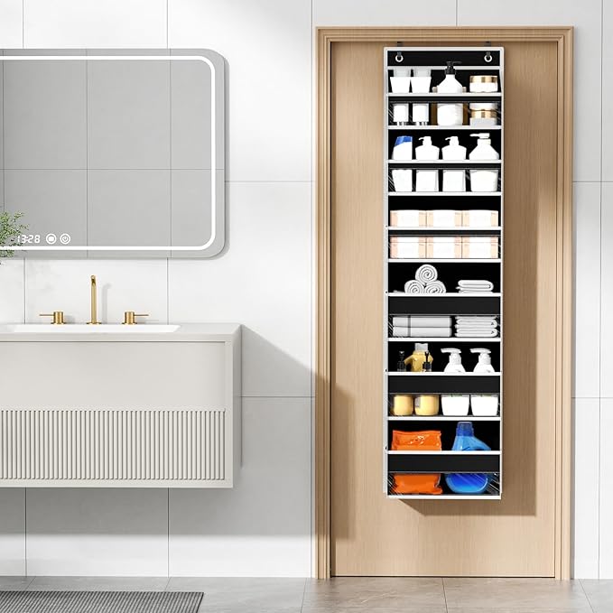 Over The Door Organizer, 6 Shelf Door Hanging Organizers with 6 Large Capacity Pockets, Behind Door Storage Hanging Shelves for Closet Wall Bathroom Bedroom Nursery