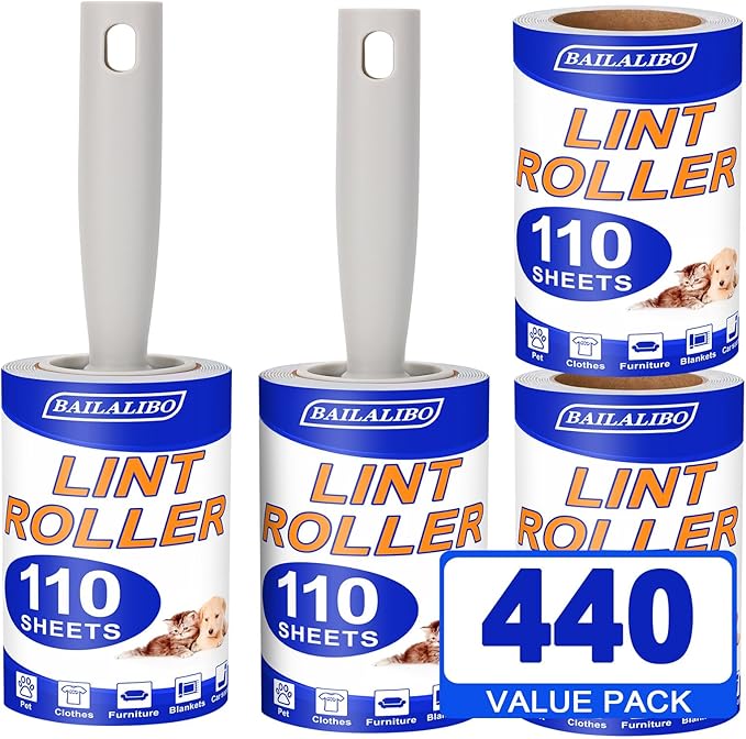 Lint Rollers for Pet Hair Extra Sticky, 440 Sheets Mega Value Set for Clothes, with 2 Handles 4 Refills, Lint Remover for Dog, Cat, Furniture, Carpet